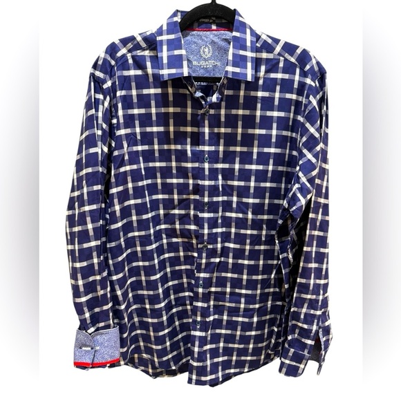 Navy check bugatchi uomo 100% cotton button down see measurements xl - Picture 3 of 11
